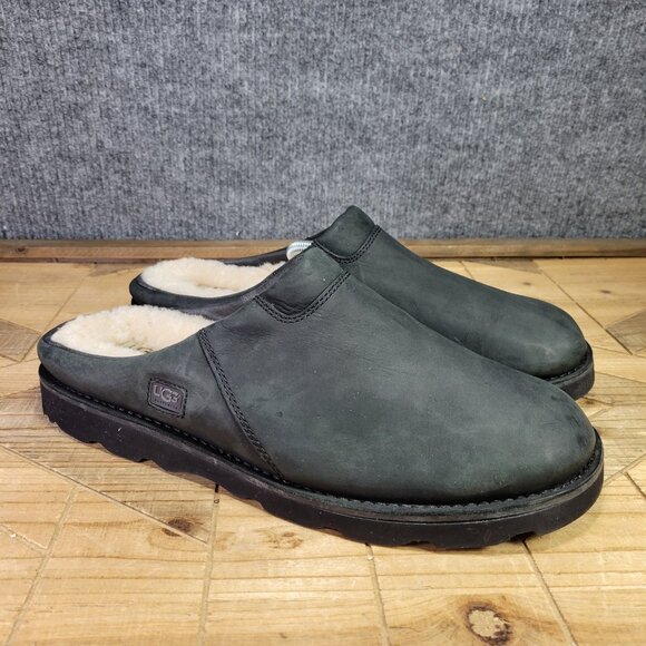 UGG Classic Clogs Men's 13 Smooth Black Leather Sheepskin Slip-On Slippers. - Picture 1 of 16